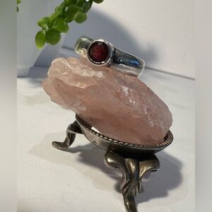 Vintage 925 Sterling Silver Garnet Ring with Platinum Plating Size 6.5